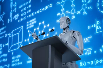 An illustration of a robot deleviring a speech An illustration of a robot deleviring a speech